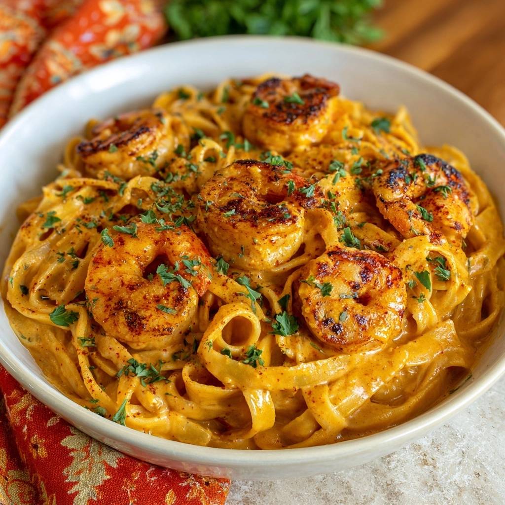 Cajun blackened shrimp fettuccine served in a creamy sauce in a white bowl, garnished with parsley.
