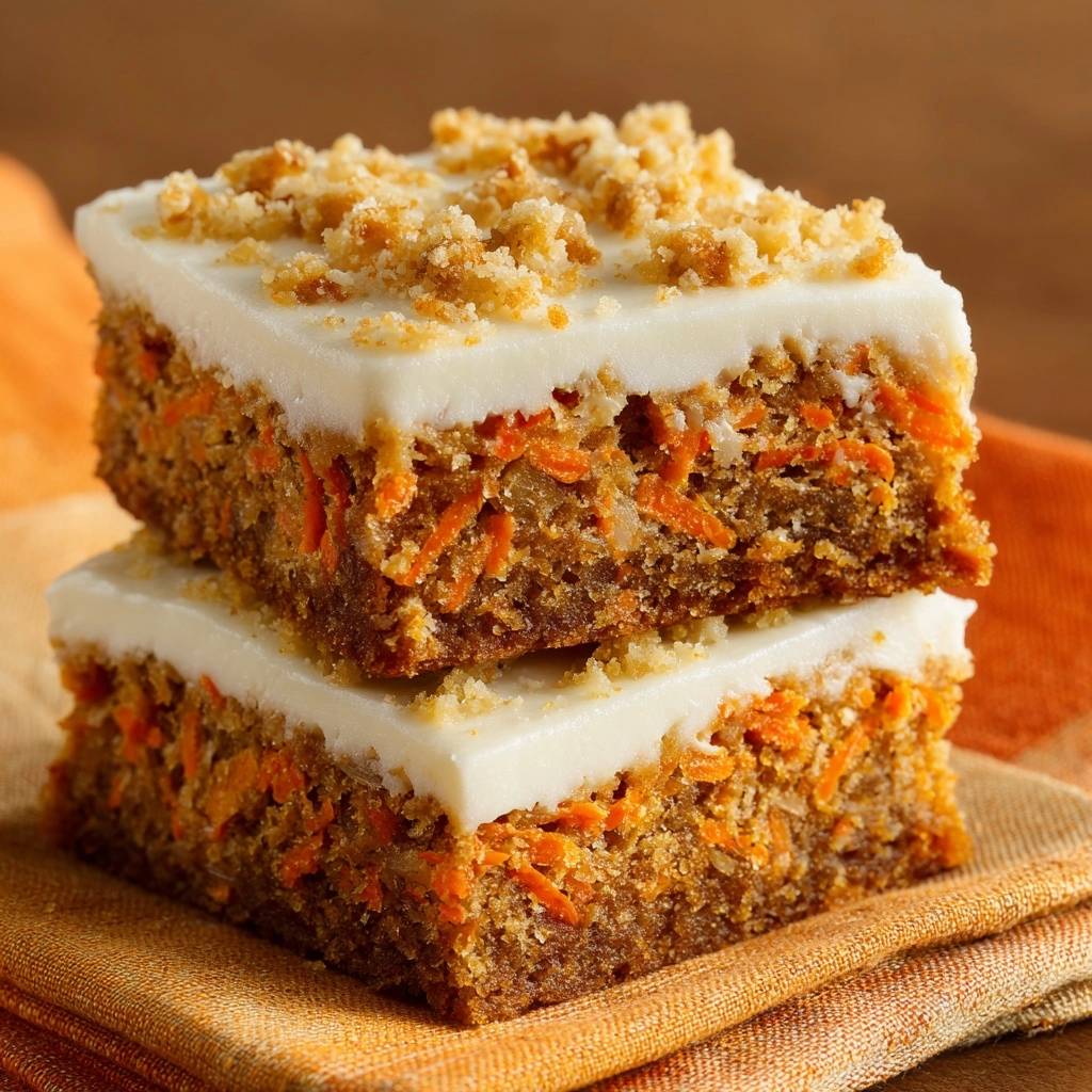 Carrot cake bars stacked high, showcasing their moist, dense interior with creamy frosting and a crumb topping.