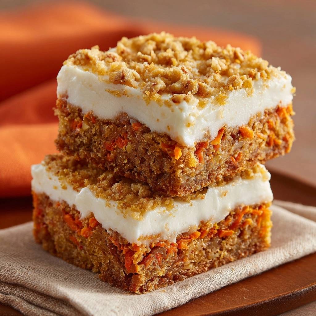 Carrot cake bars are stacked with a close-up view showing the moist interior and creamy frosting.