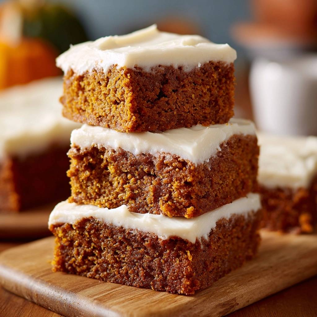 Carrot ginger cake bars stacked in a close-up view, showcasing their moist crumb and white frosting.