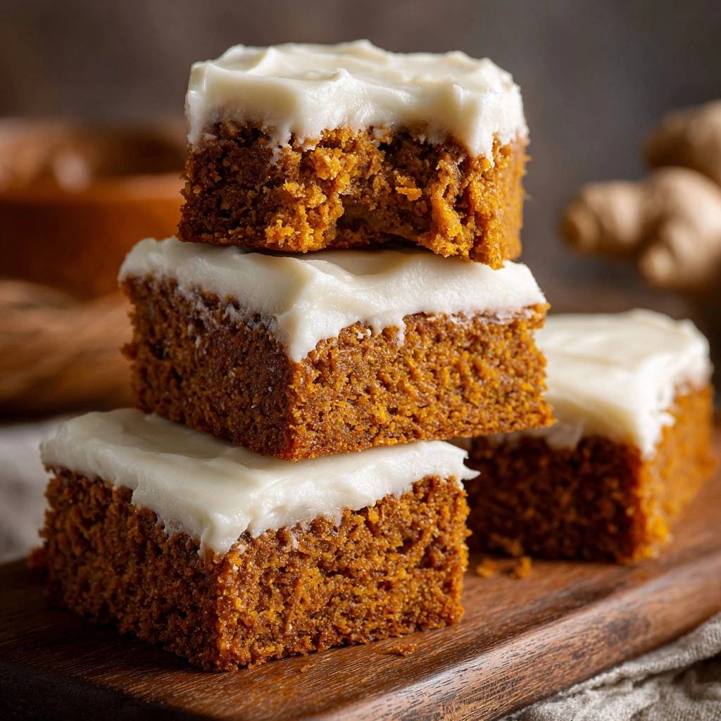 Carrot ginger cake bars stacked, with a close-up view of the moist interior of the top bar.