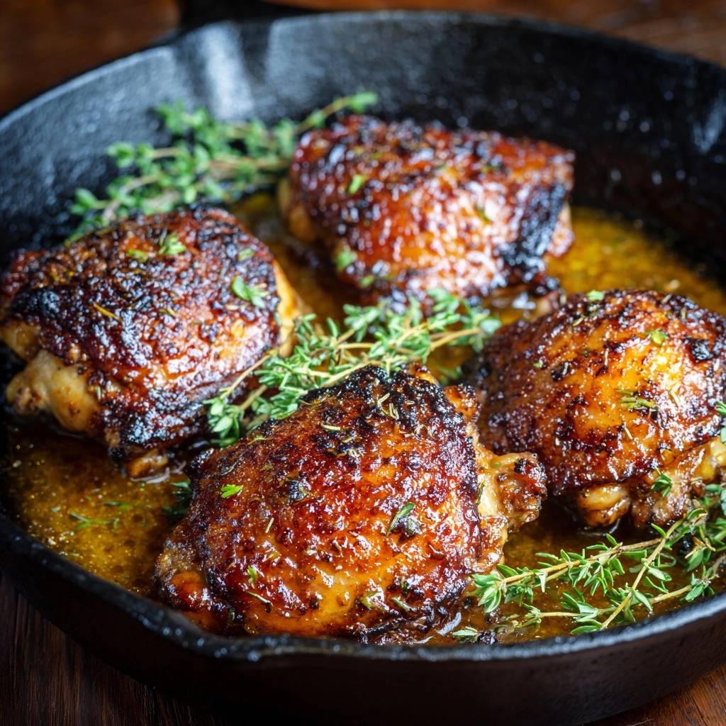 Cast iron honey thyme chicken thighs glistening in a skillet with fresh thyme sprigs.