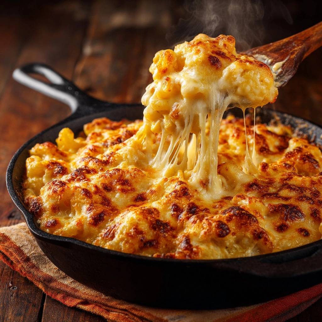 Cast iron skillet mac and cheese with a wooden spoon lifting a generous portion showing strings of melted cheese.