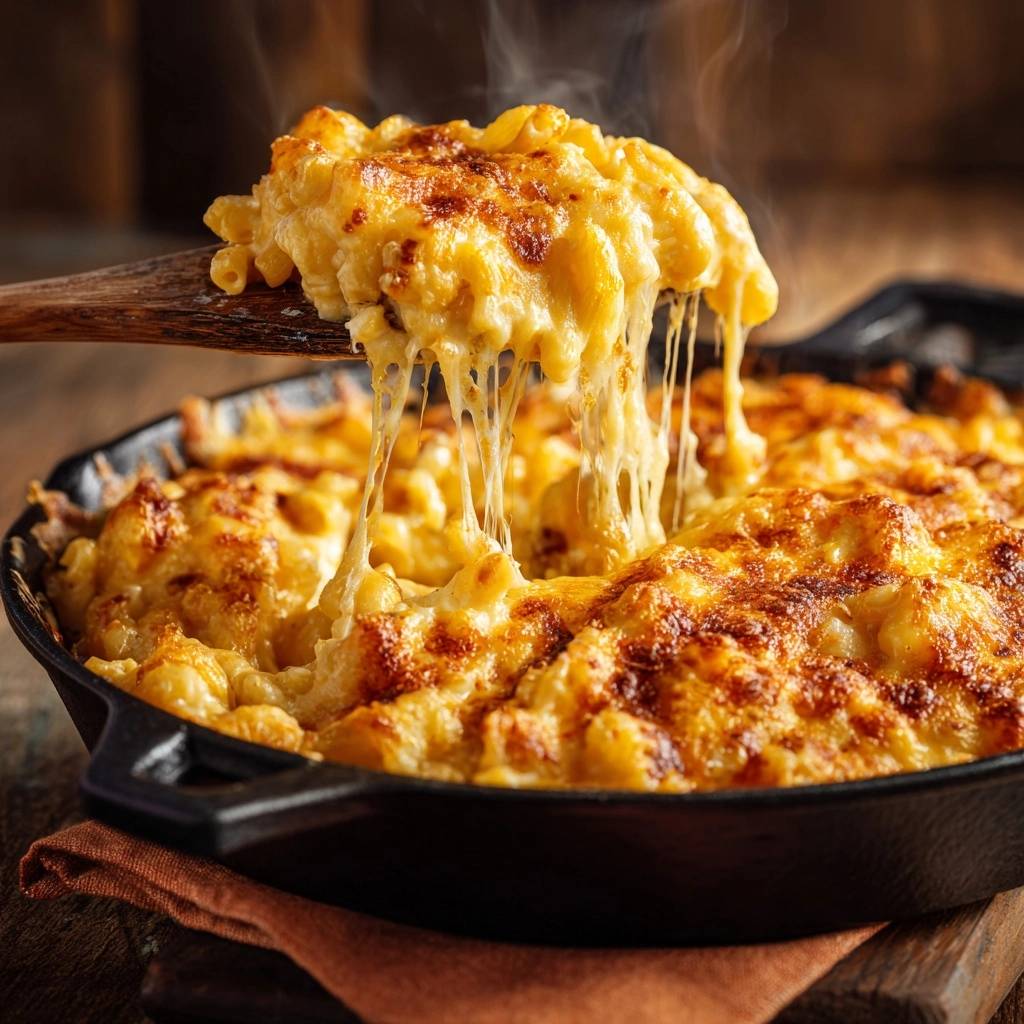 Cast iron skillet mac and cheese with a generous gooey cheese pull captured on a wooden spoon.