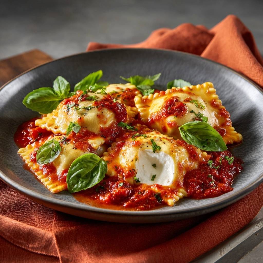 Cheese ravioli marinara with a close-up cross-section revealing the creamy filling and fresh basil garnish.