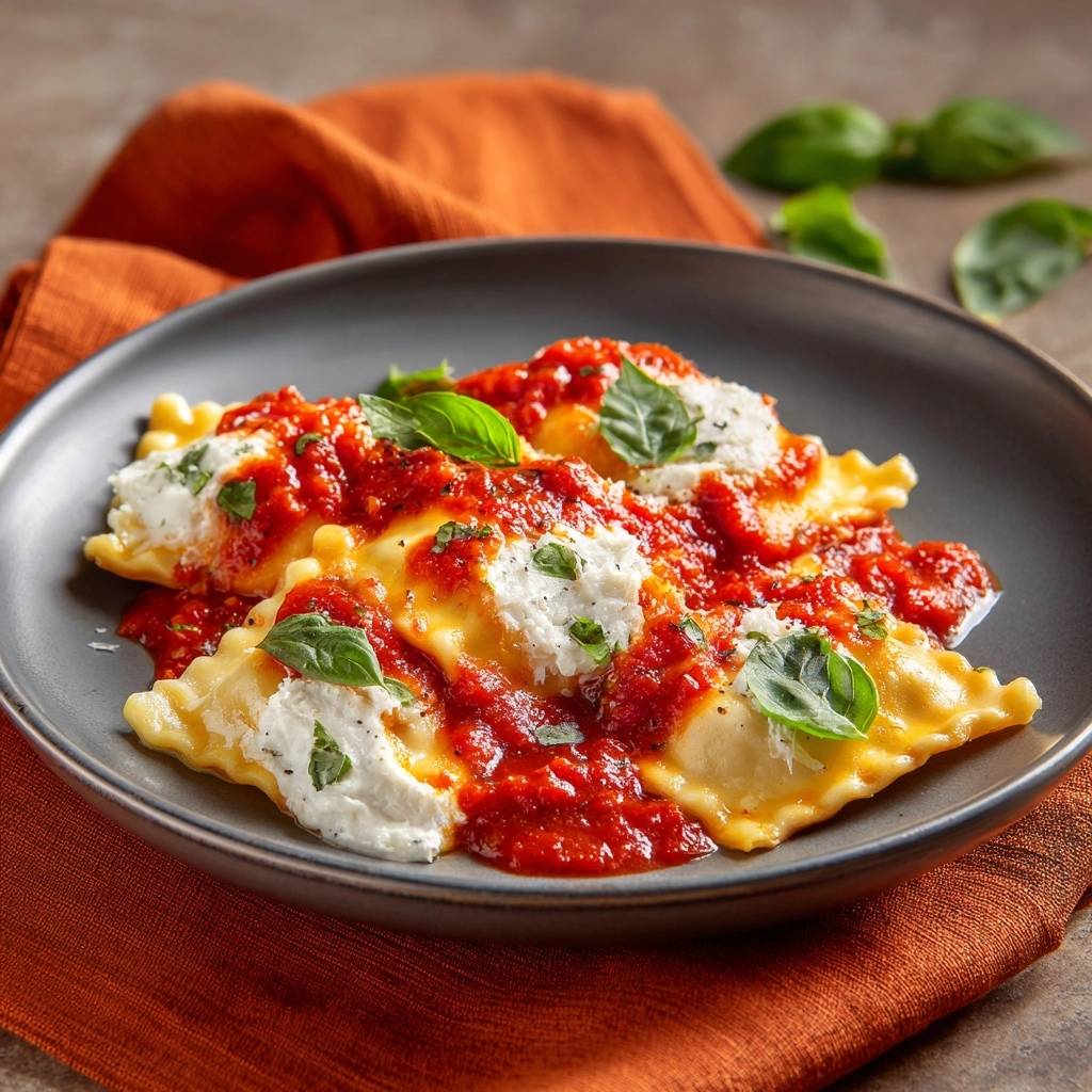 Cheese ravioli marinara plated with dollops of creamy ricotta and fresh basil leaves.