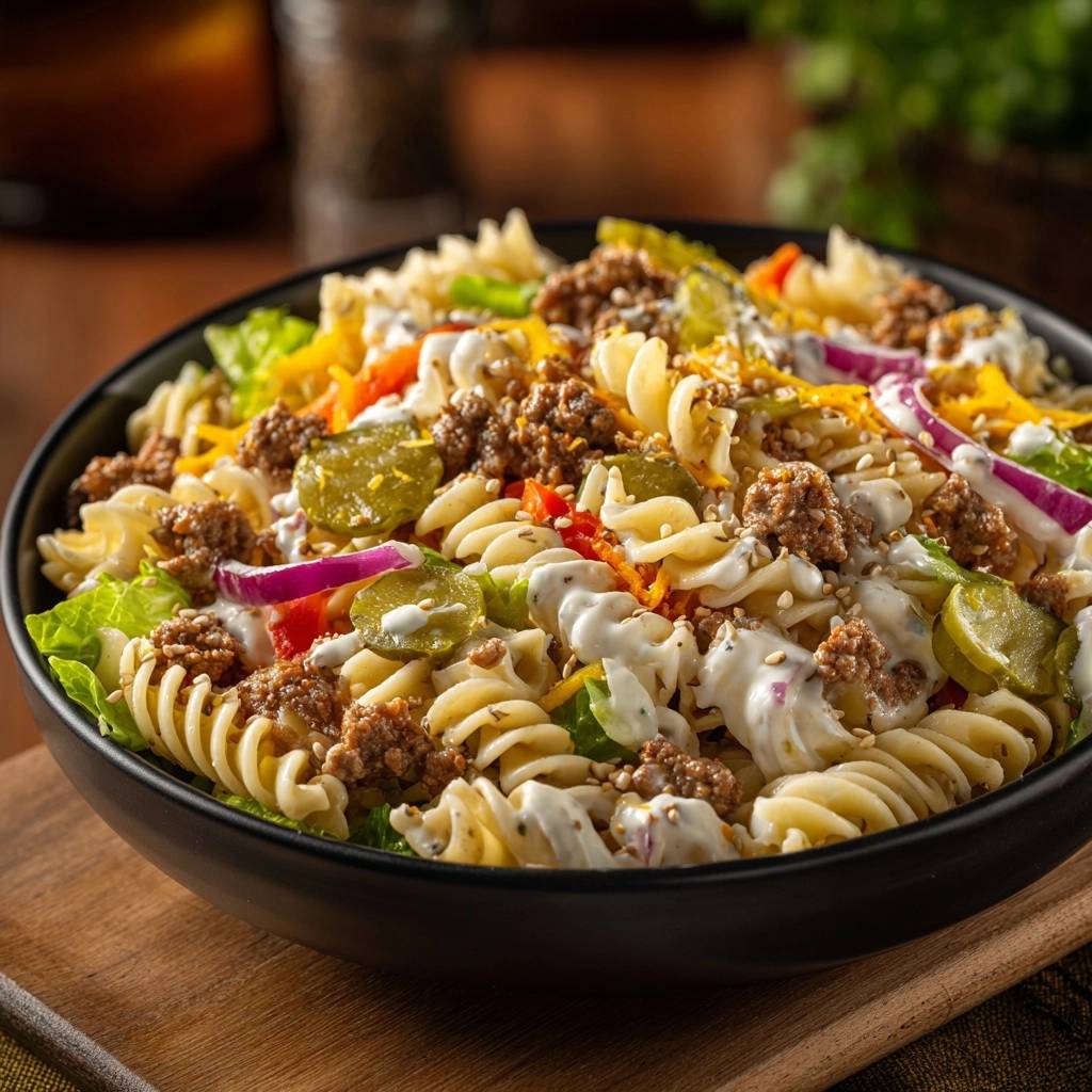 Cheeseburger pasta salad in a black bowl featuring rotini pasta, seasoned ground beef, pickles, and creamy dressing.