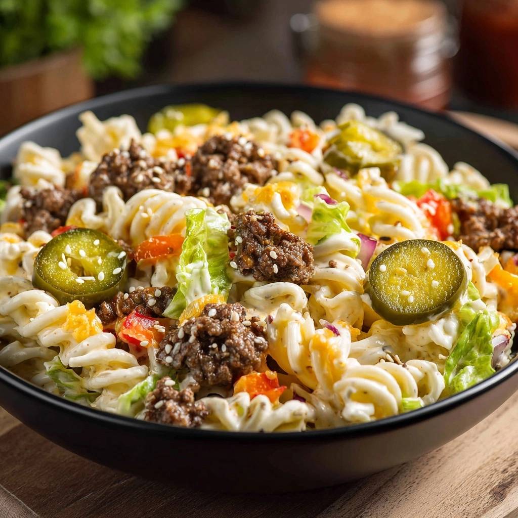 Cheeseburger pasta salad with a close-up view of a sliced jalapeno and ground beef.