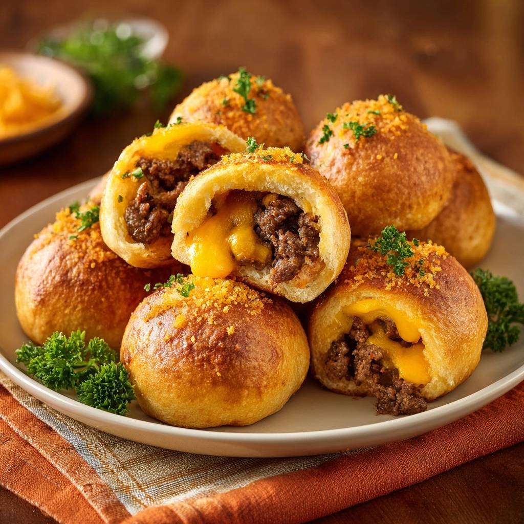 Cheeseburger stuffed rolls cross-section showing a gooey cheese pull and flavorful ground beef filling.