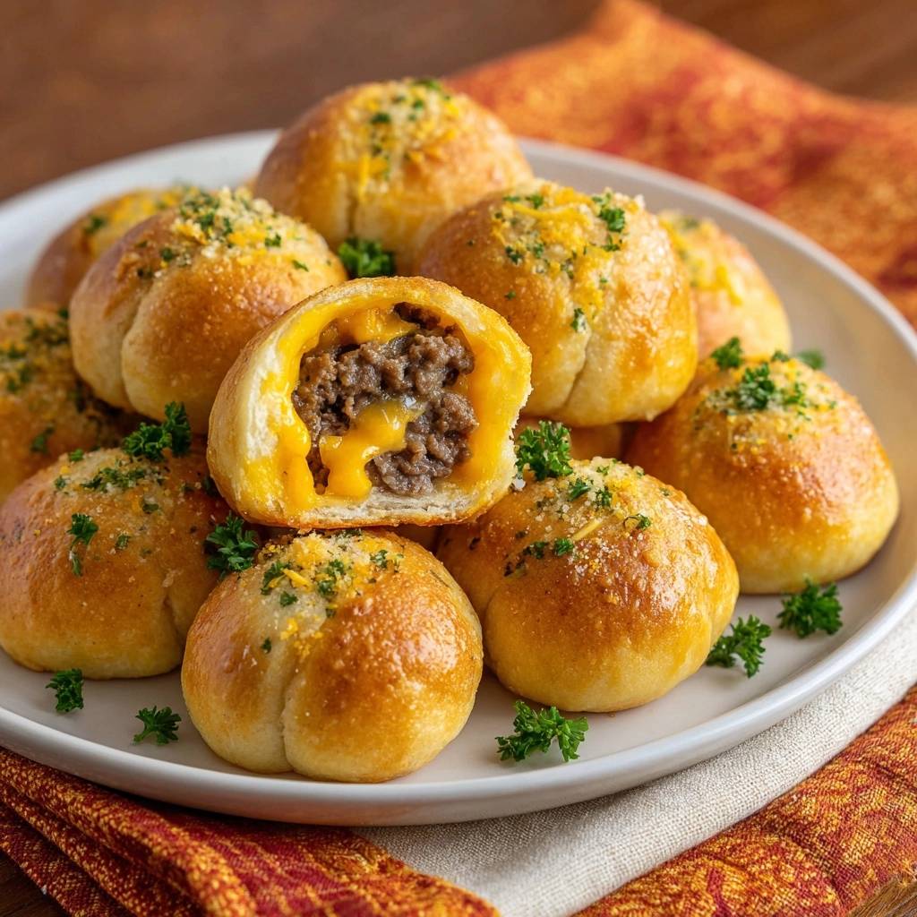 Cheeseburger stuffed rolls with a cross-section revealing the savory ground beef and melted cheese filling.