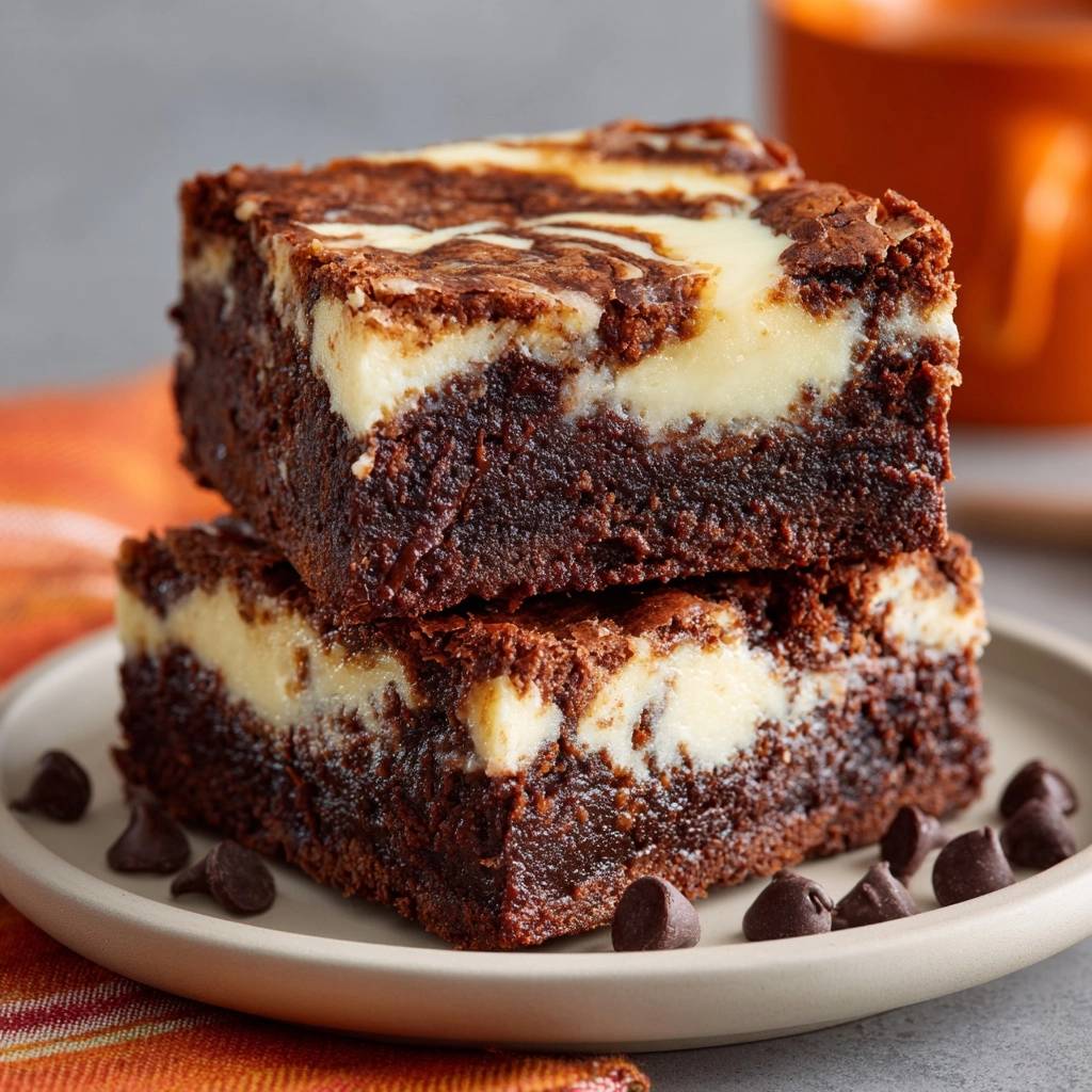 Cheesecake swirl brownies stacked on a plate, showcasing their rich chocolate and creamy cheesecake layers with a marble effect.