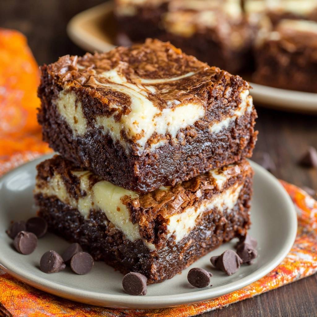 Cheesecake swirl brownies stacked on a plate with a close-up view of the marbled interior and chocolate chips.