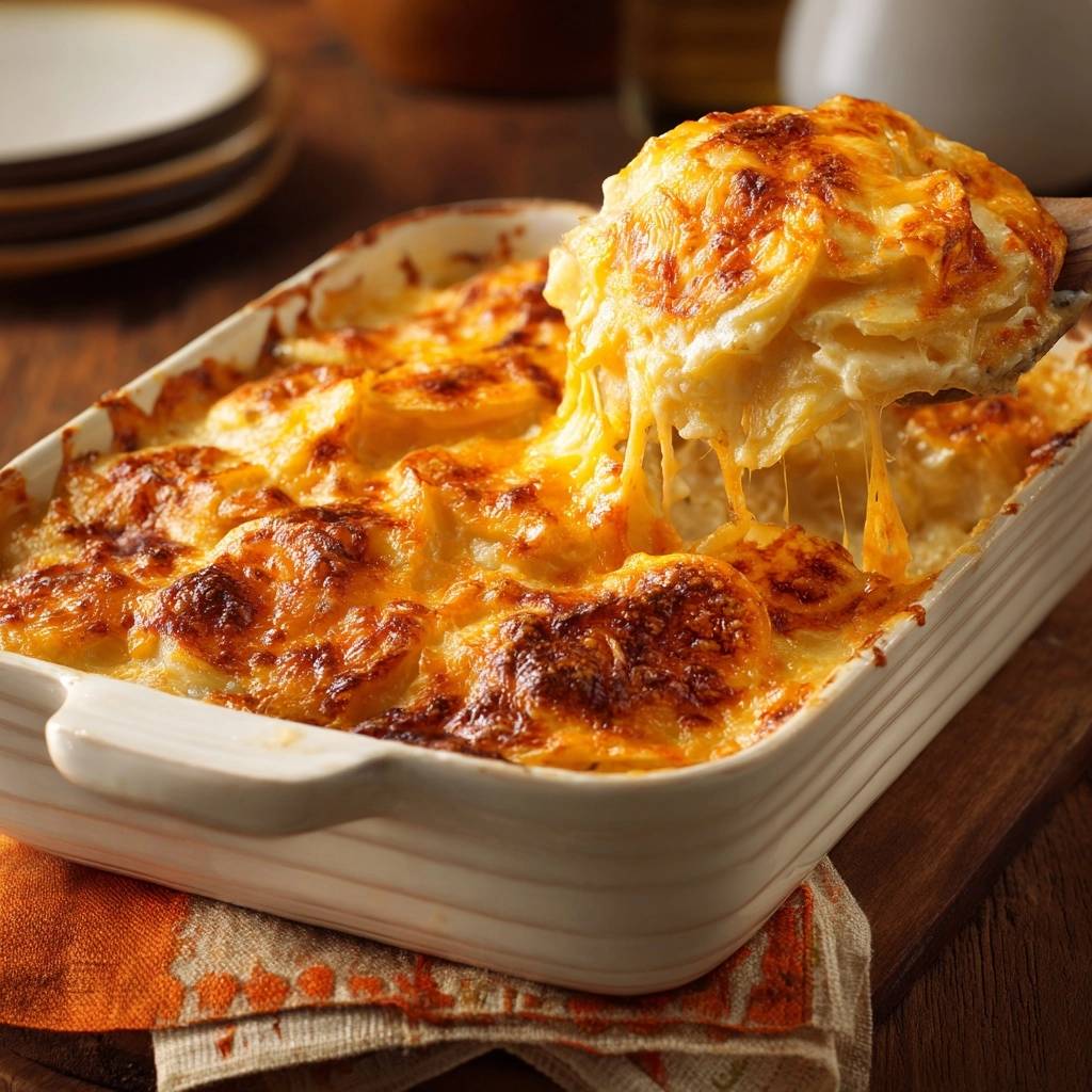 Cheesiest Potatoes Au Gratin with a close-up showing the gooey, stretchy cheese pull.