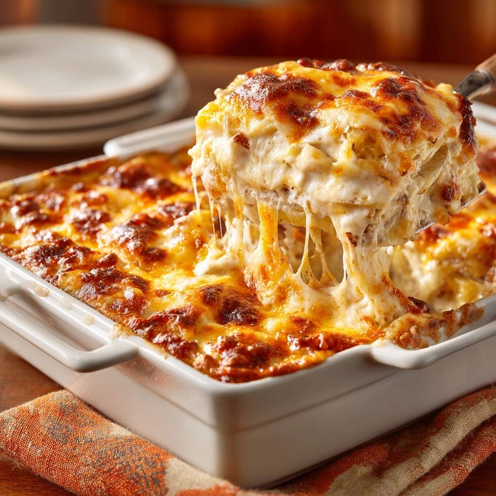 Cheesiest potatoes au gratin served as a cheesy slice being lifted from the baking dish, showing gooey cheese strands.