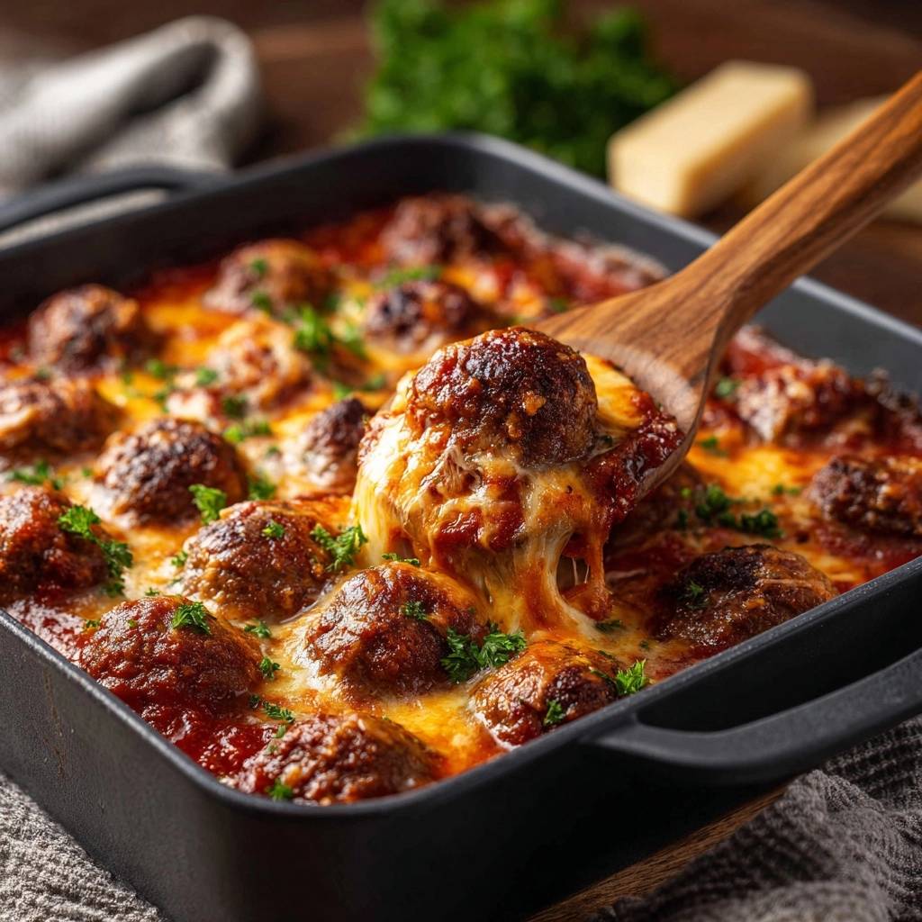 Cheesy baked meatballs are served with a gooey cheese pull from a wooden spoon.