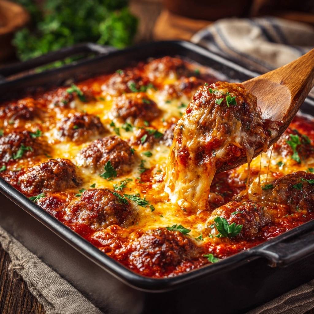 Cheesy baked meatballs being lifted from the pan with a wooden spoon, showing melted cheese strings.