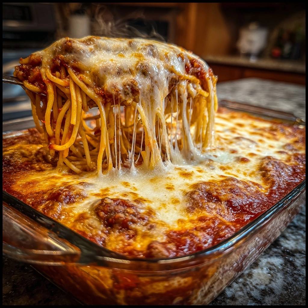 Cheesy baked spaghetti with a dramatic cheese pull, showcasing melted mozzarella strands from the dish.