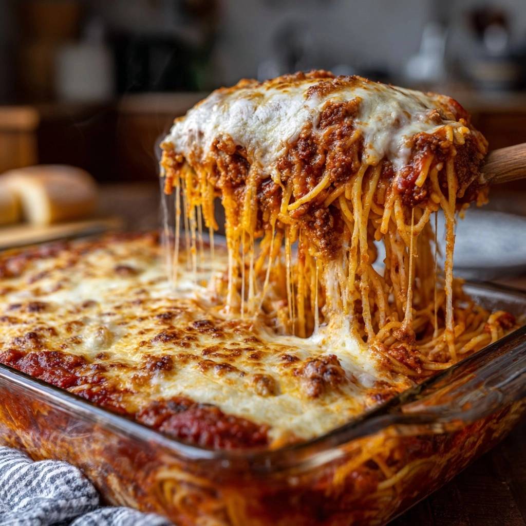 Cheesy baked spaghetti, lifted with a serving utensil, showcasing gooey melted mozzarella cheese strings.