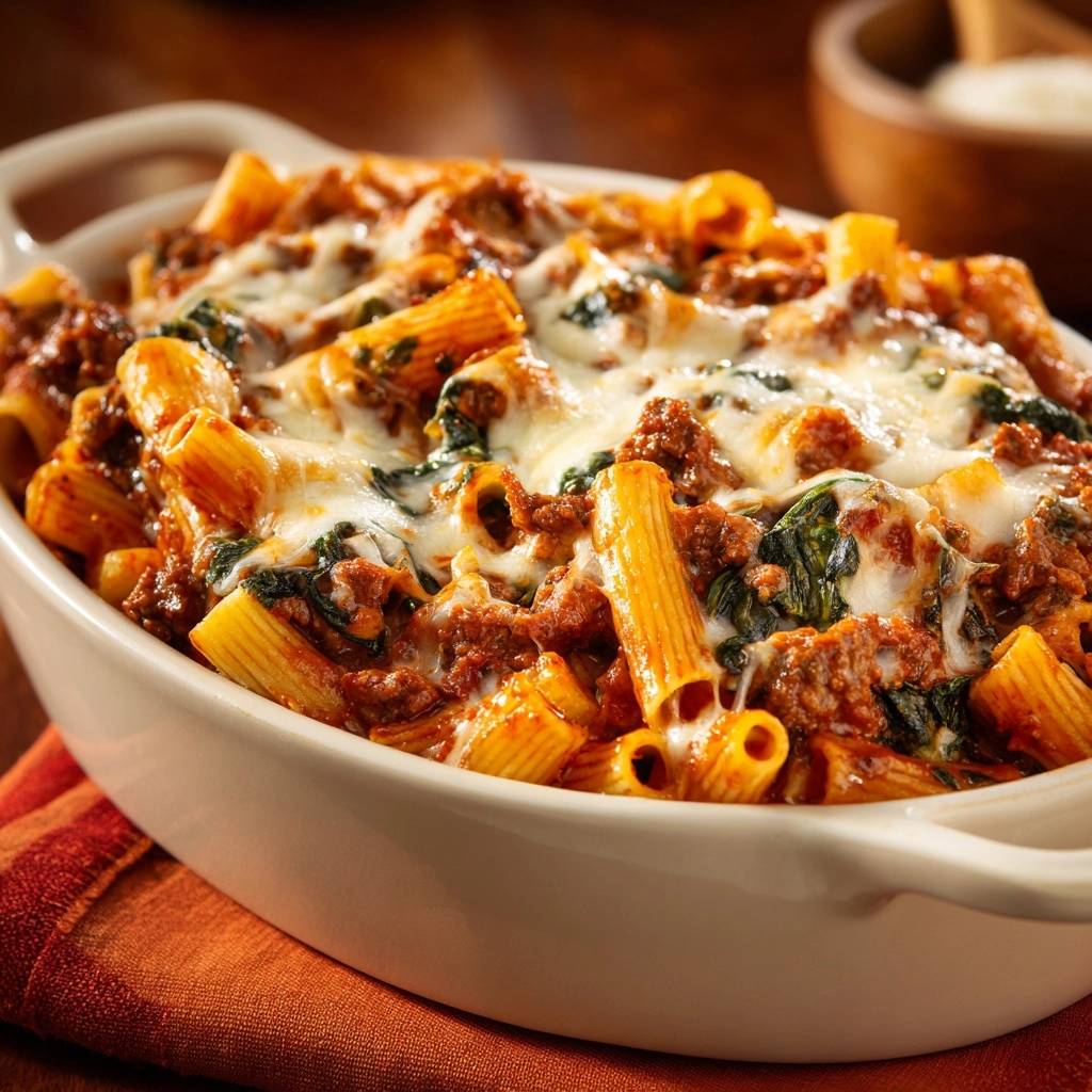 Cheesy beef penne spinach bake recipe shown in a casserole dish with melted mozzarella cheese topping.
