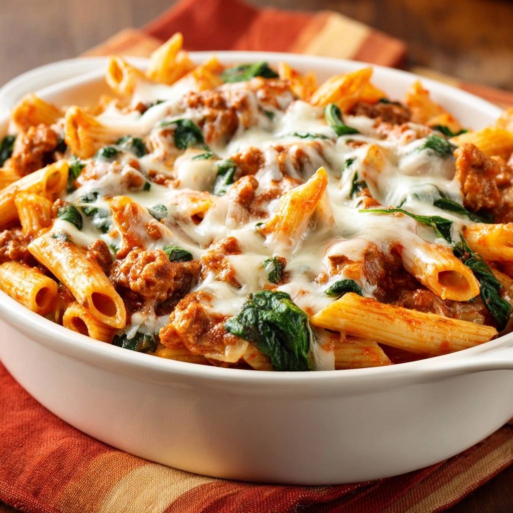 Cheesy beef penne spinach bake recipe shown in a white dish with melted cheese topping and a close-up view.