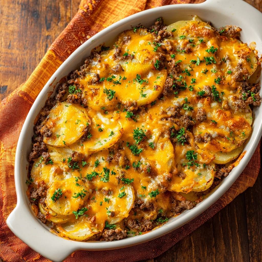 Cheesy beef potato casserole with golden melted cheese and fresh parsley garnish in a white baking dish.