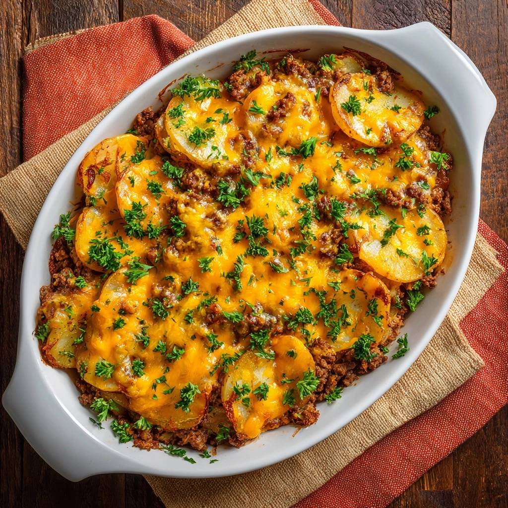 Cheesy beef potato casserole shown in an overhead view with melted cheddar cheese and fresh parsley garnish.