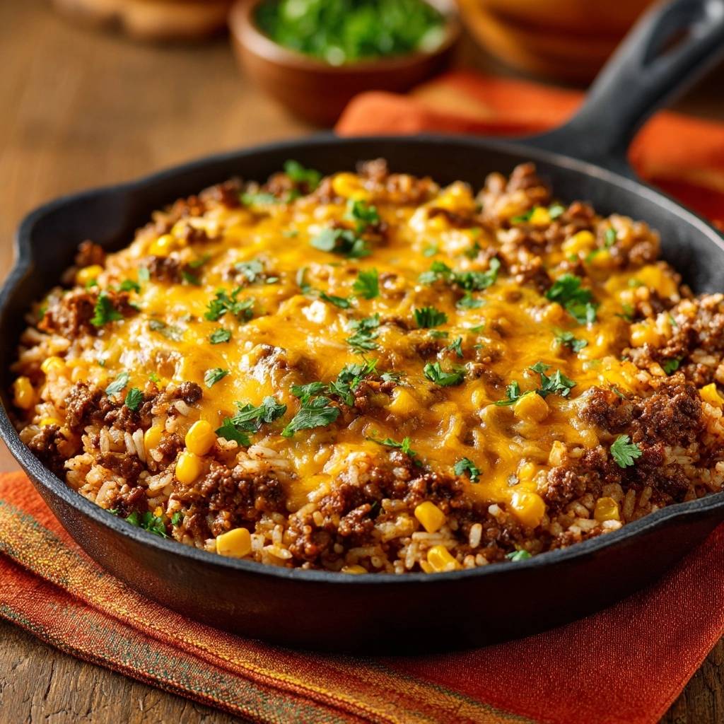Cheesy beef rice skillet with melted cheddar cheese and fresh parsley garnish in a cast iron pan.