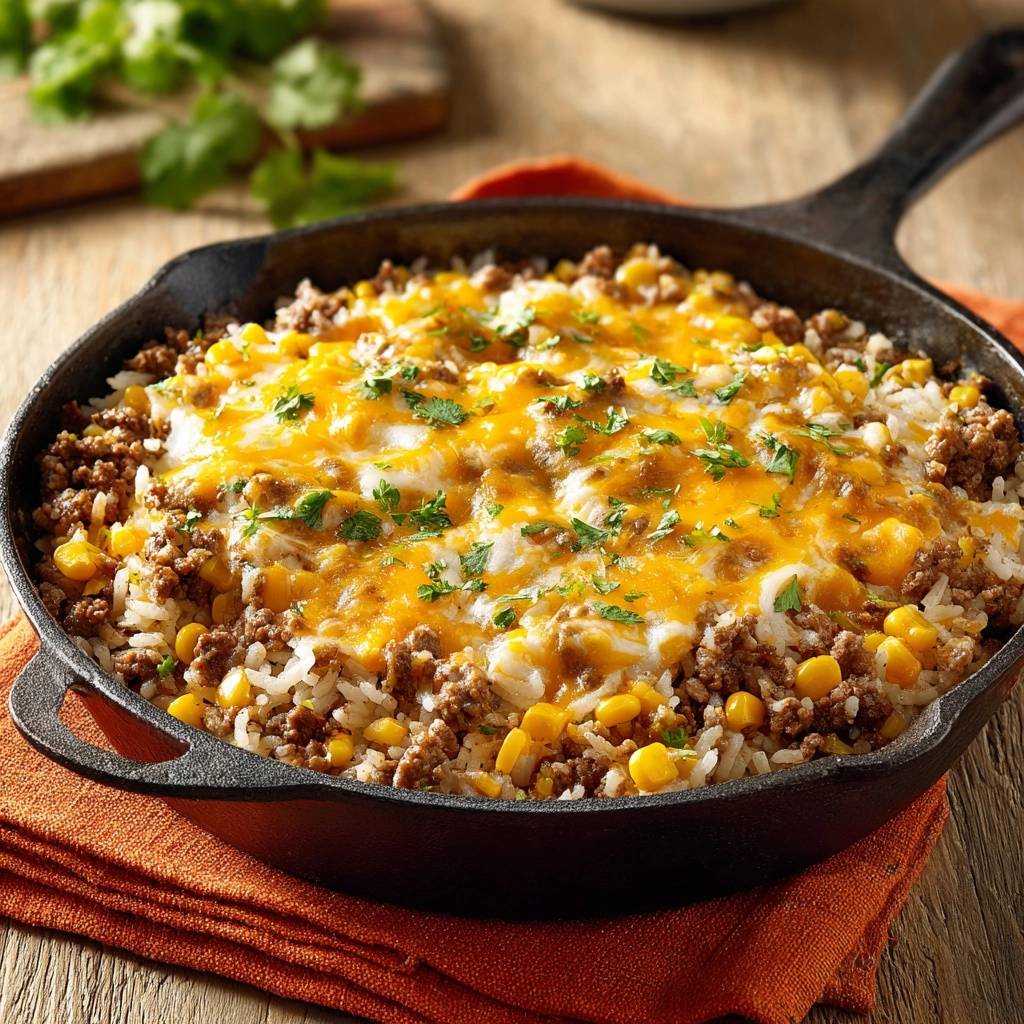 Cheesy beef rice skillet with a golden melted cheese topping and fresh parsley garnish in a cast iron pan.