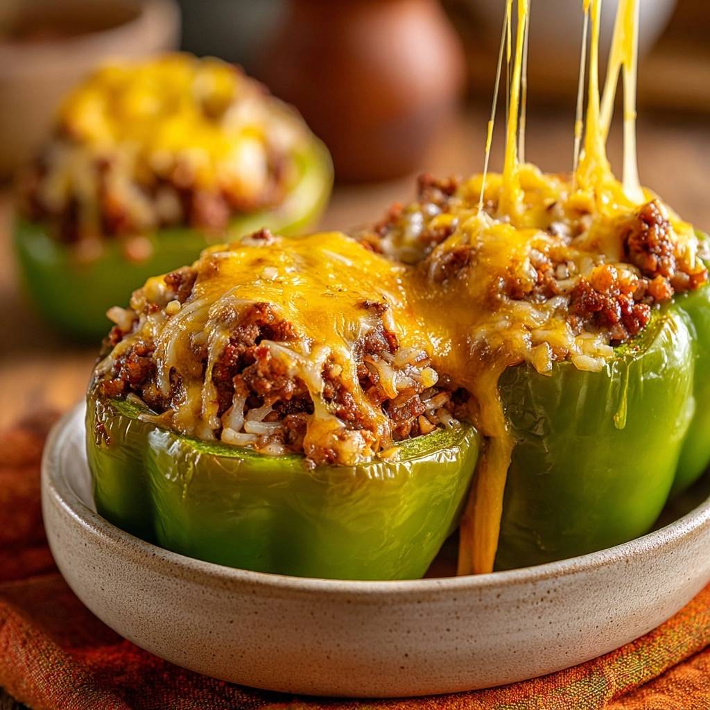 Cheesy beef stuffed peppers with melted cheese dripping down the side in a close-up view.