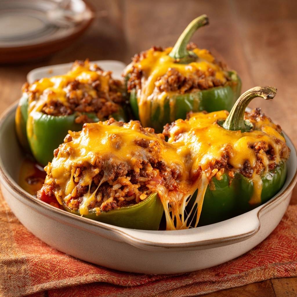 Cheesy beef stuffed peppers with melted cheddar cheese dripping over the top, a close-up view.