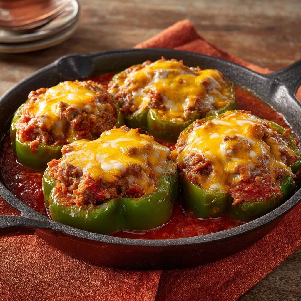 Skillet cheesy beef stuffed peppers with melted cheese bubbling on top, served in a cast iron pan.