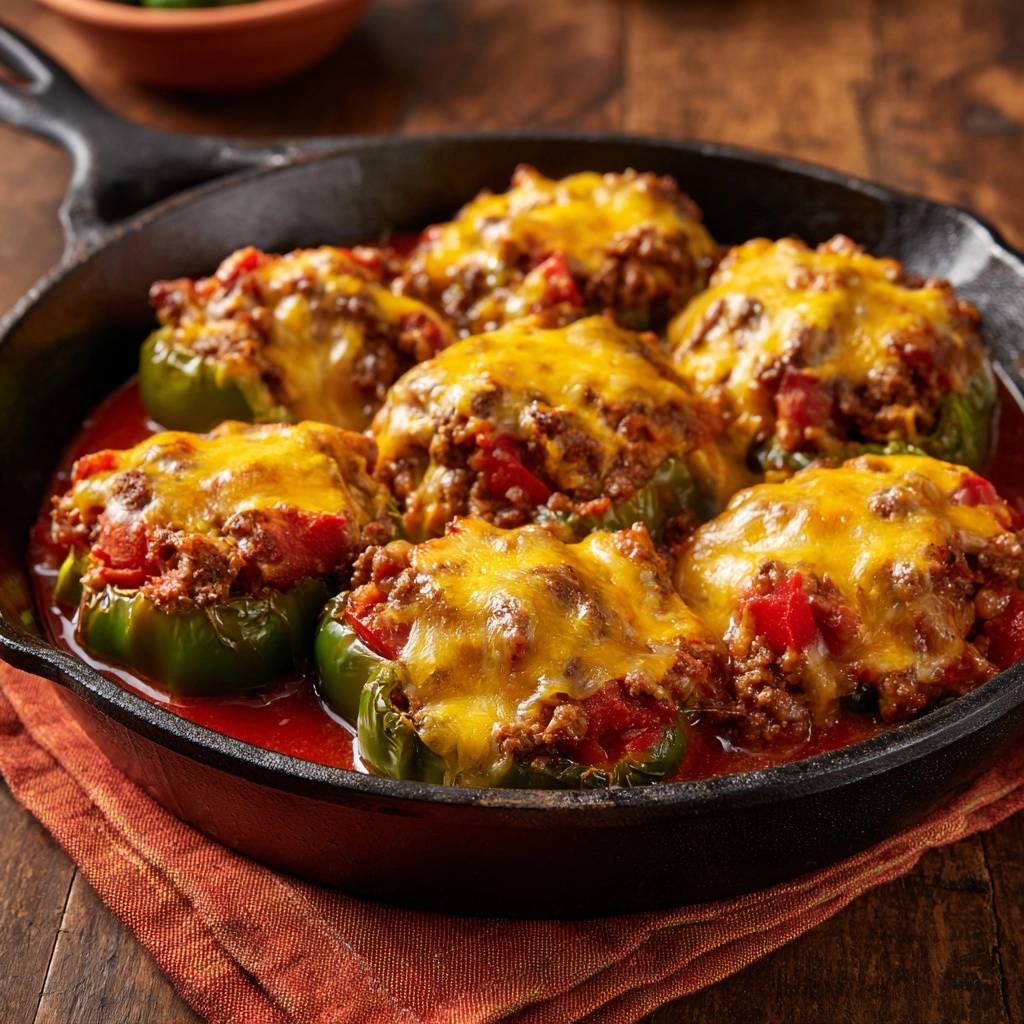 Skillet cheesy beef stuffed peppers with melted cheese topping, presented in a cast-iron pan from an overhead perspective.