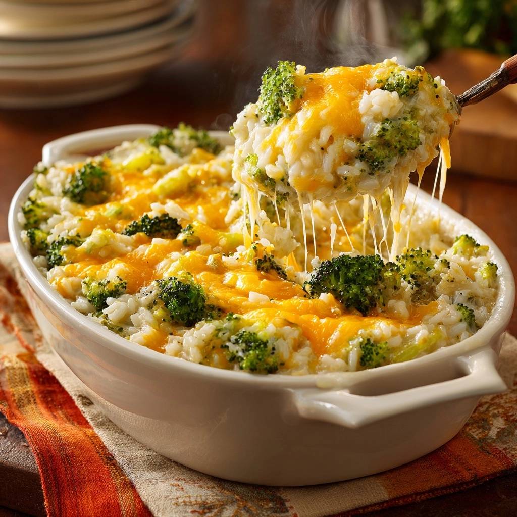Cheesy broccoli rice casserole being served, showing strings of melted cheese pulling away from the spoon.