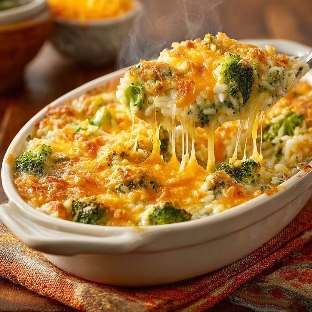 Cheesy broccoli rice casserole with a gooey cheese pull, showing a serving being lifted from the dish.
