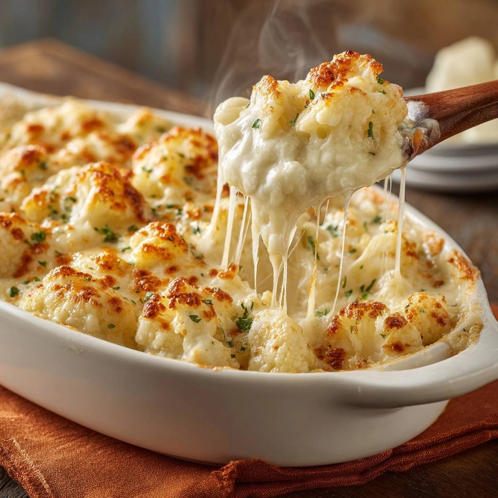 Cheesy cauliflower bake with a spoonful lifting out, showing strings of melted cheese and golden florets.