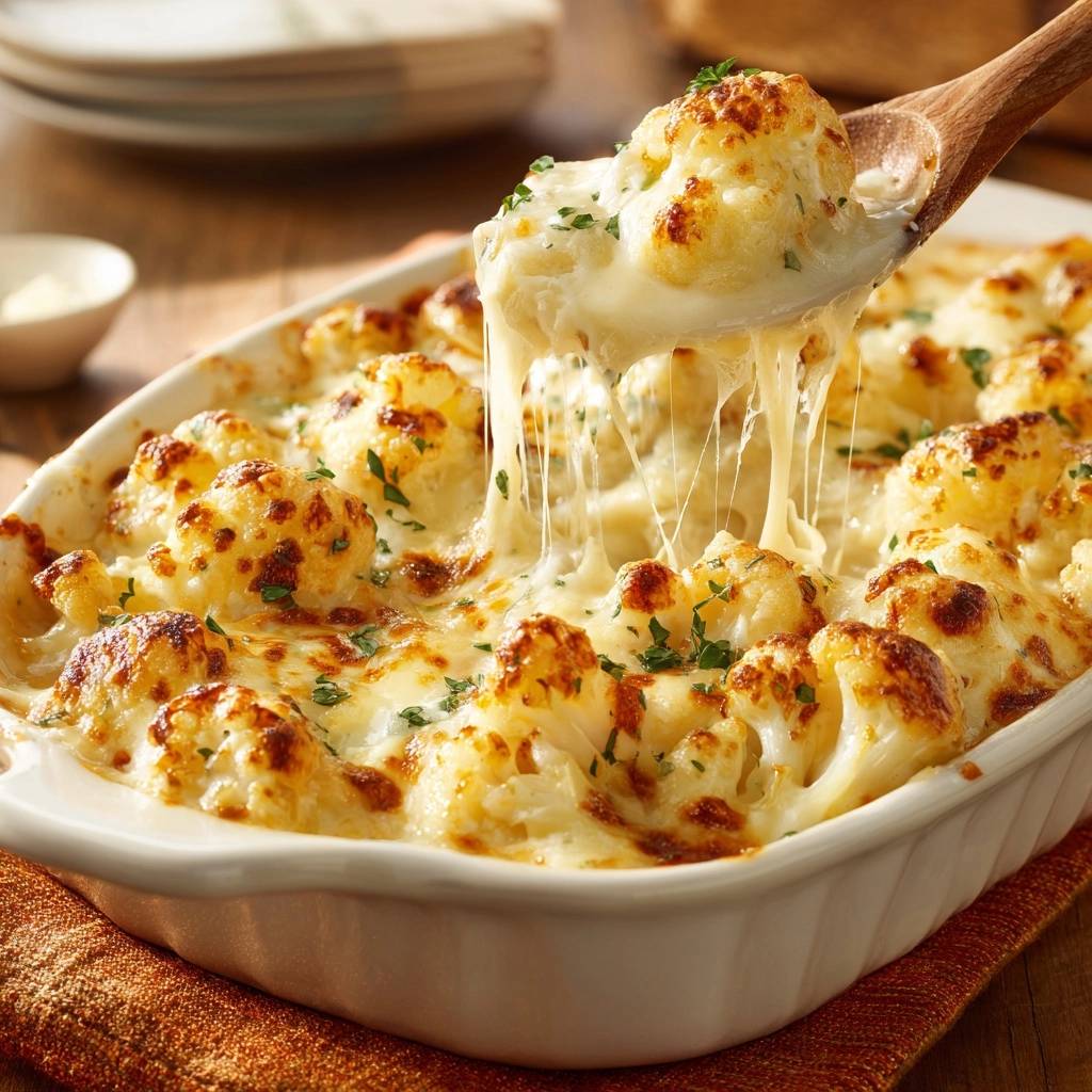 Cheesy cauliflower bake with a spoonful of florets being lifted, showing a dramatic cheese pull.