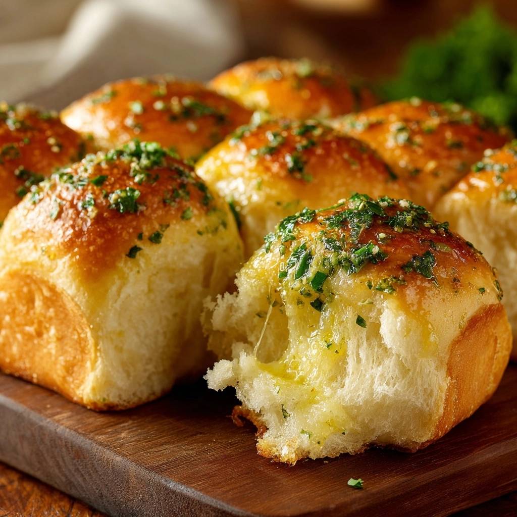 Cheesy garlic parsley pull-apart rolls shown in a close-up cross-section revealing the soft, melted cheese interior.