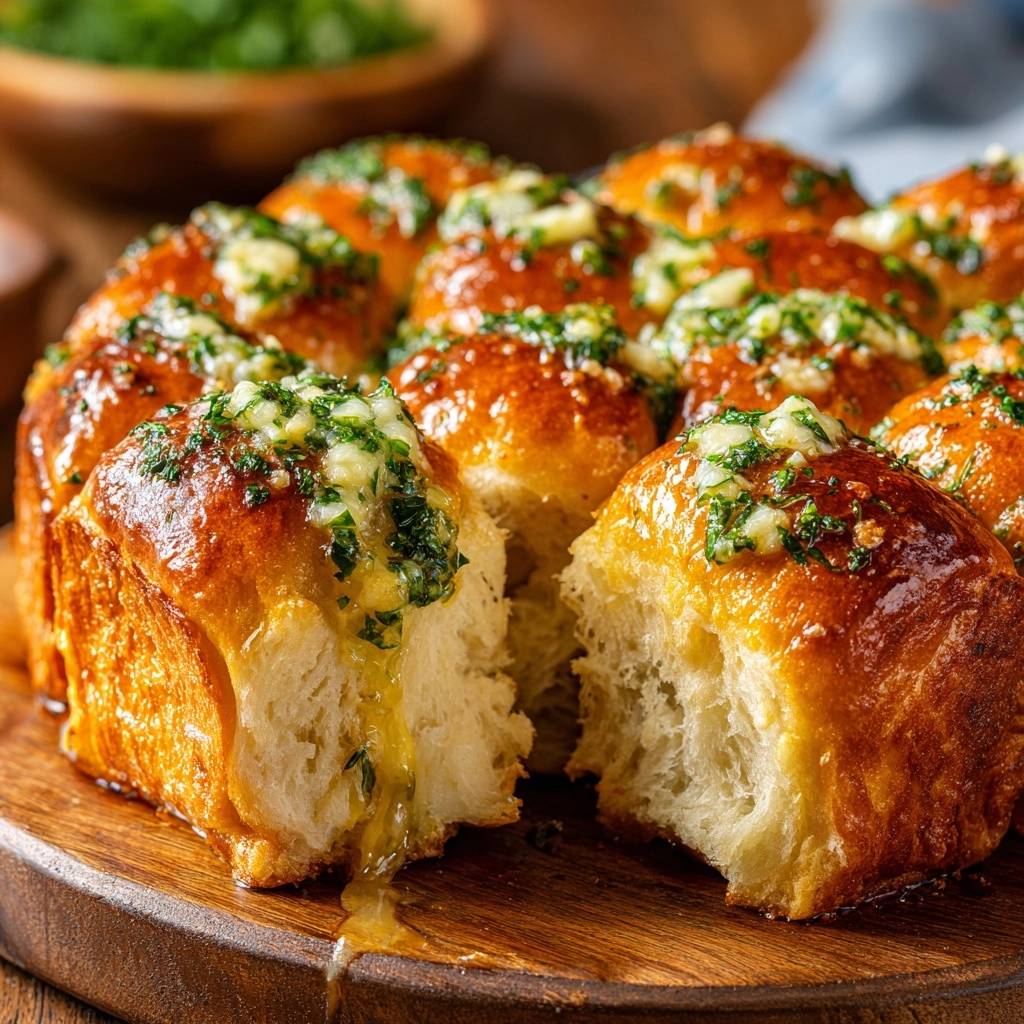 Cheesy garlic parsley pull-apart rolls shown in a cross-section revealing the soft, cheesy interior and golden-brown crust.