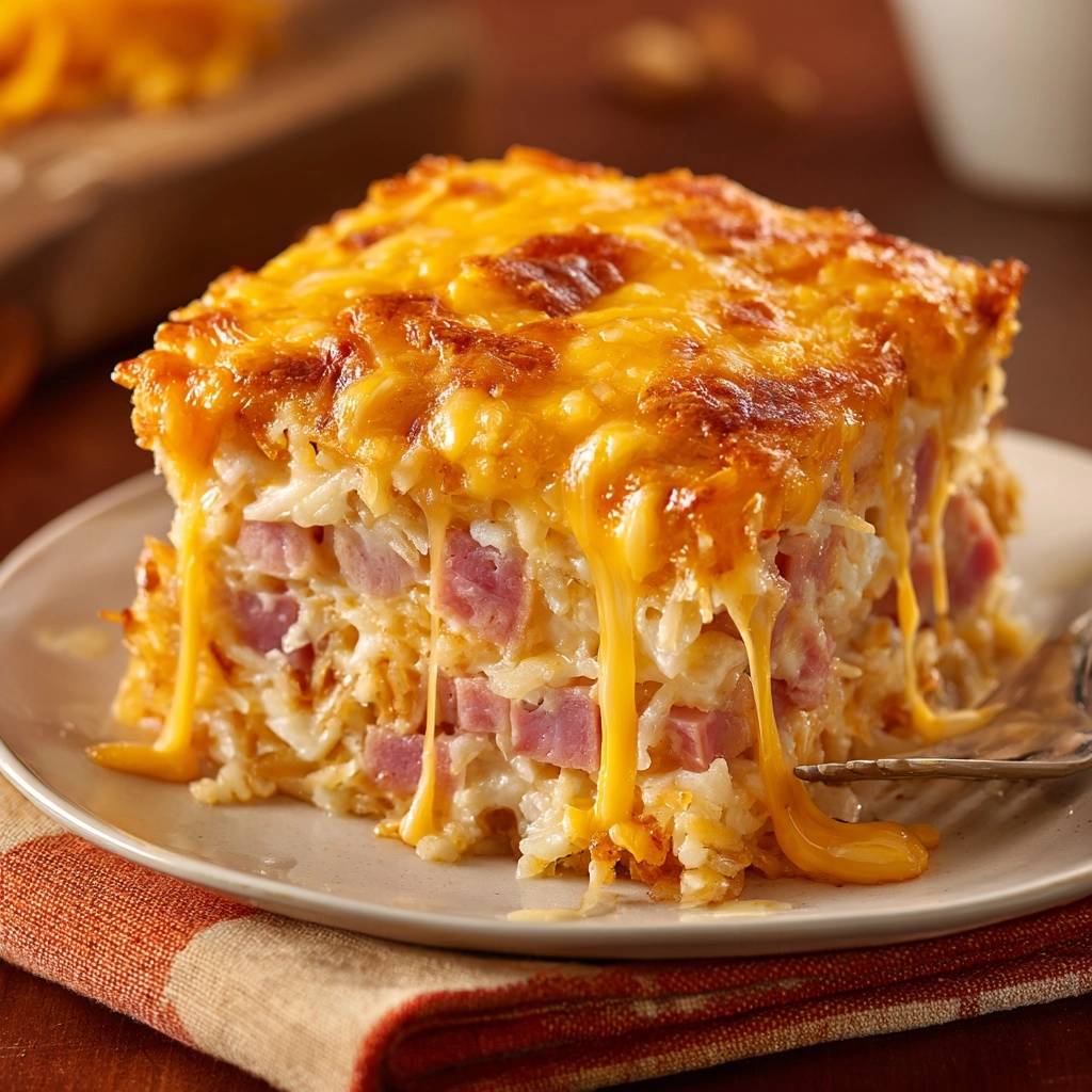 Cheesy ham and rice casserole cross-section showing layers of ham and rice with melted cheese dripping down the side.