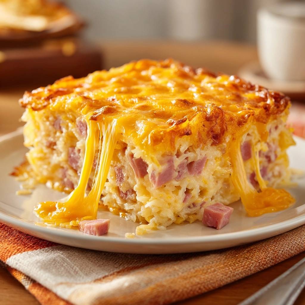 Cheesy ham and rice casserole with a gooey cheese pull from a close-up view on a plate.
