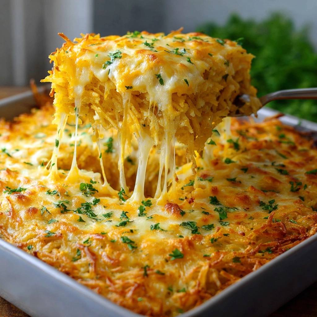 Cheesy hash brown casserole with a generous portion being lifted, showcasing strings of melted cheese.