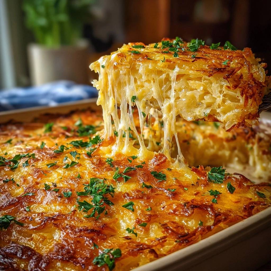 Cheesy hash brown casserole with a gooey cheese pull, showcasing a crispy golden-brown top and a fluffy interior.
