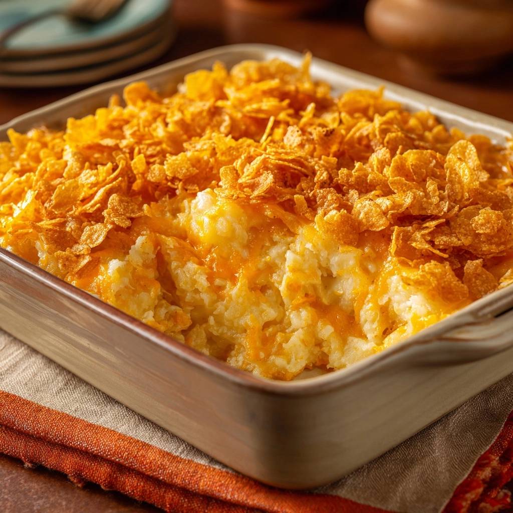 Cheesy potato casserole with a crunchy cornflake crust, showing a close-up of the golden topping and melted cheese.