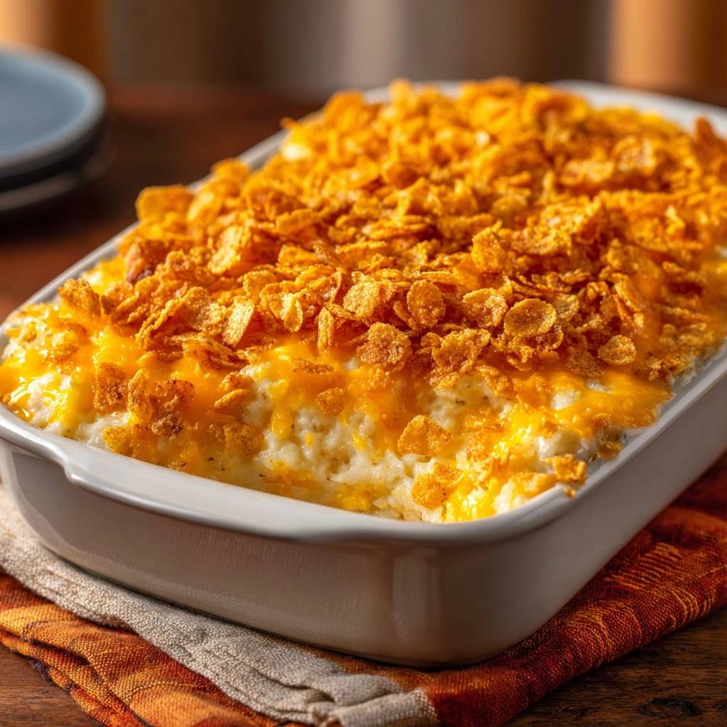 Cheesy potato casserole with crunchy cornflake crust shown in a white baking dish, focusing on the golden topping.
