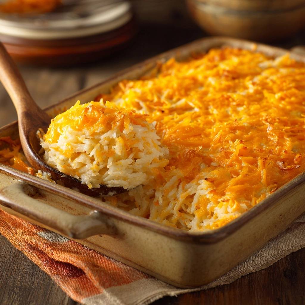 Cheesy rice casserole with a wooden spoon scooping a portion, showing the creamy texture.