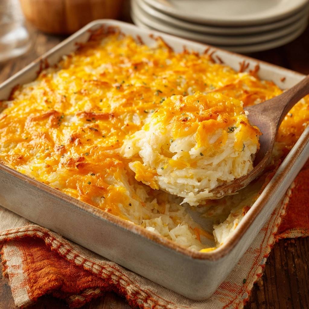 Cheesy rice casserole with a spoonful being scooped out, revealing its creamy interior texture.