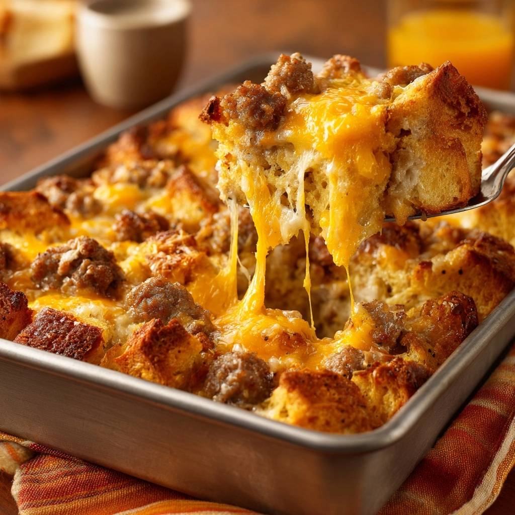 Cheesy sausage breakfast casserole with a fork lifting a slice showing gooey melted cheese strands.