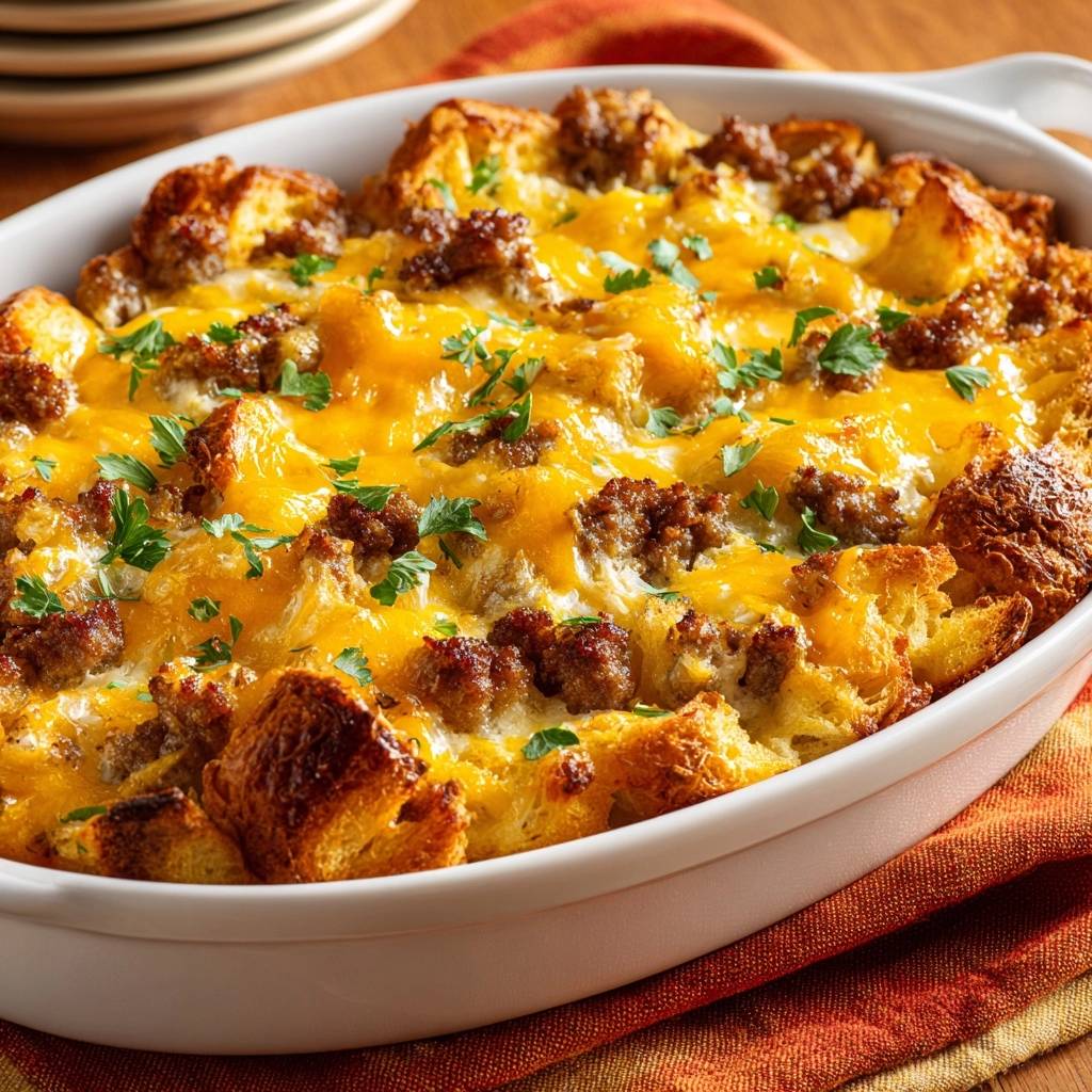 Cheesy sausage breakfast casserole with melted cheddar cheese and fresh parsley, shown in a close-up view.