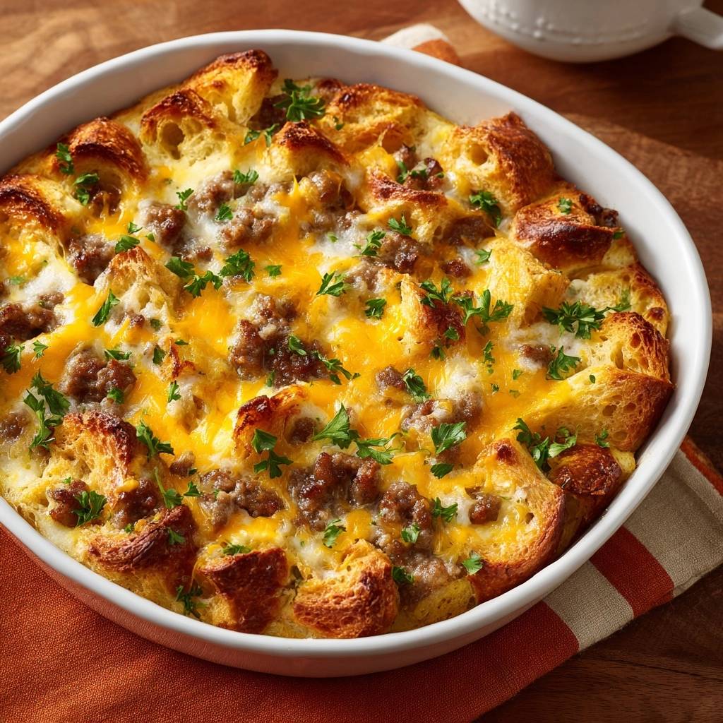 Cheesy sausage breakfast casserole with a golden crust and fresh parsley garnish, presented in a white baking dish.
