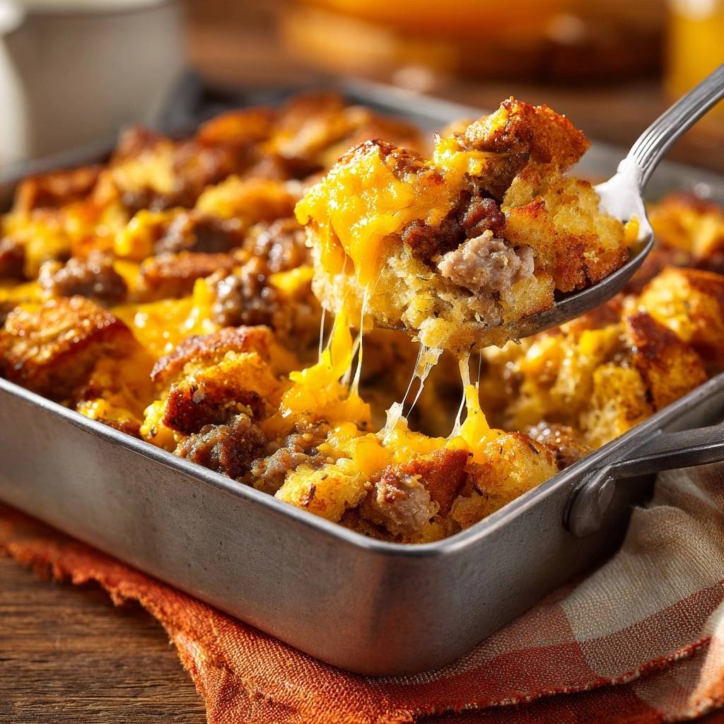 Cheesy sausage breakfast casserole being scooped with a spoon, showing a generous cheese pull and warm, custardy center.